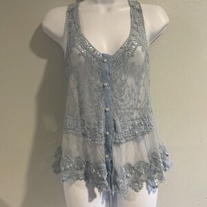 Y2k Dusty Blue Tank Top Crochet Lace Racerback Sheer Mesh Pearl Button Romantic